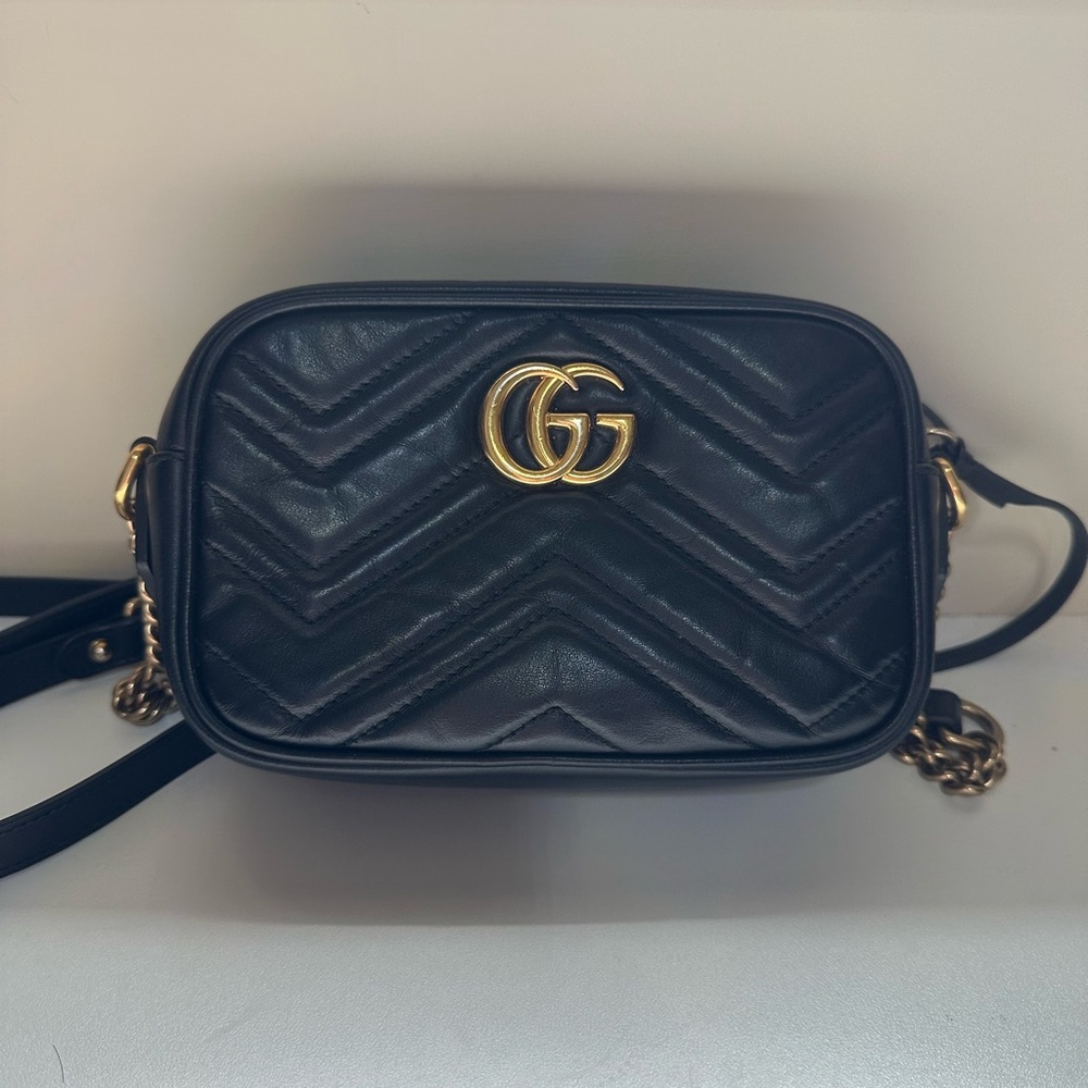 Gucci Black Chevron Crossbody Bag with Gold Logo